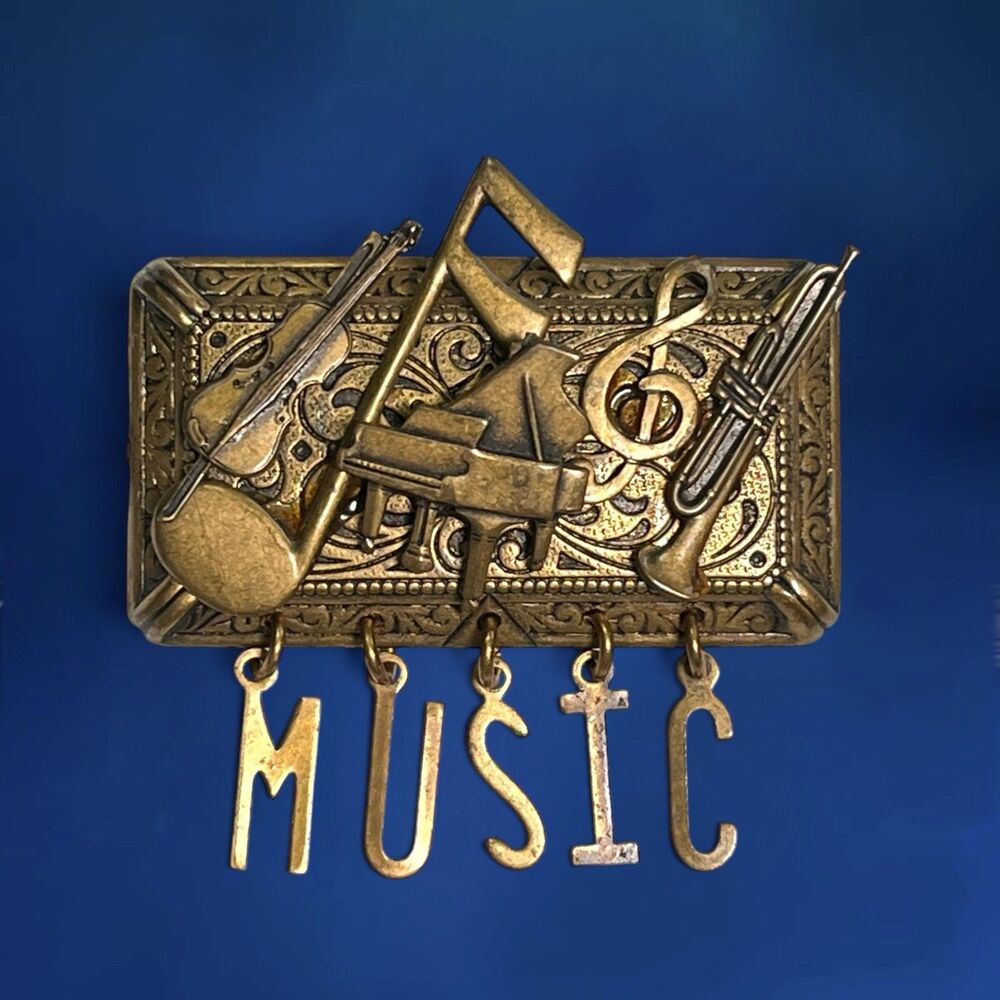 VTG Music Pin Brooch Antiqued Metal Rectangle Instruments Charms Band Orchestra